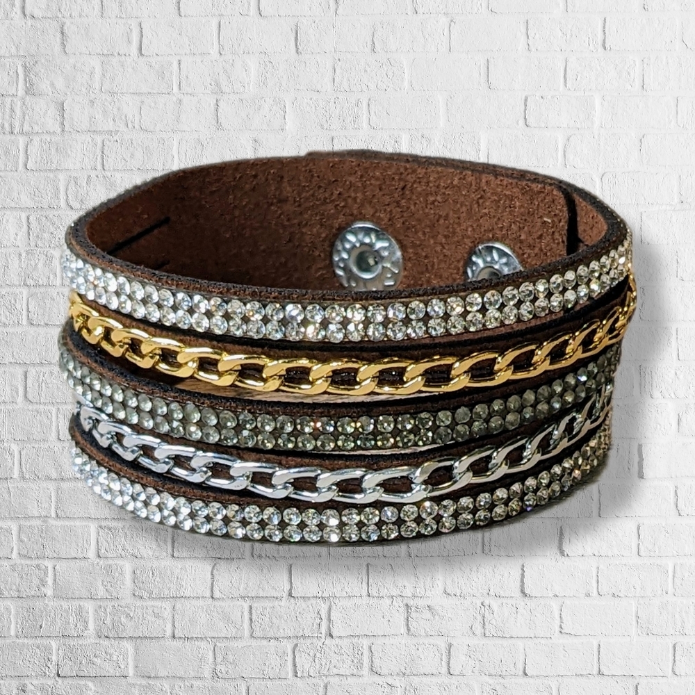 A7 Silver Crystal Gold Rhinestone Suede Wrap New Brown Bracelet Adjustable A7